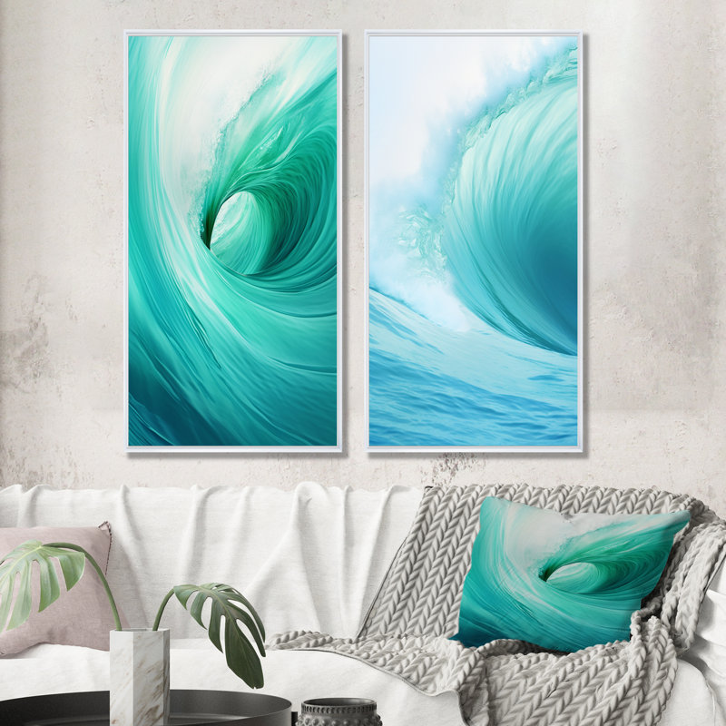 Turquoise Wondrous Wave Spiral - ensemble de 2 décorations murales spirales abstraites, Cadre blanc, H 32 po x l 33 po