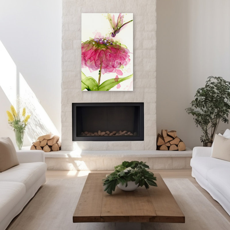 Libellule et Zinnia - Art contemporain, libellules, fleurs, insectes, fleurs, H 48 po x l 32 po