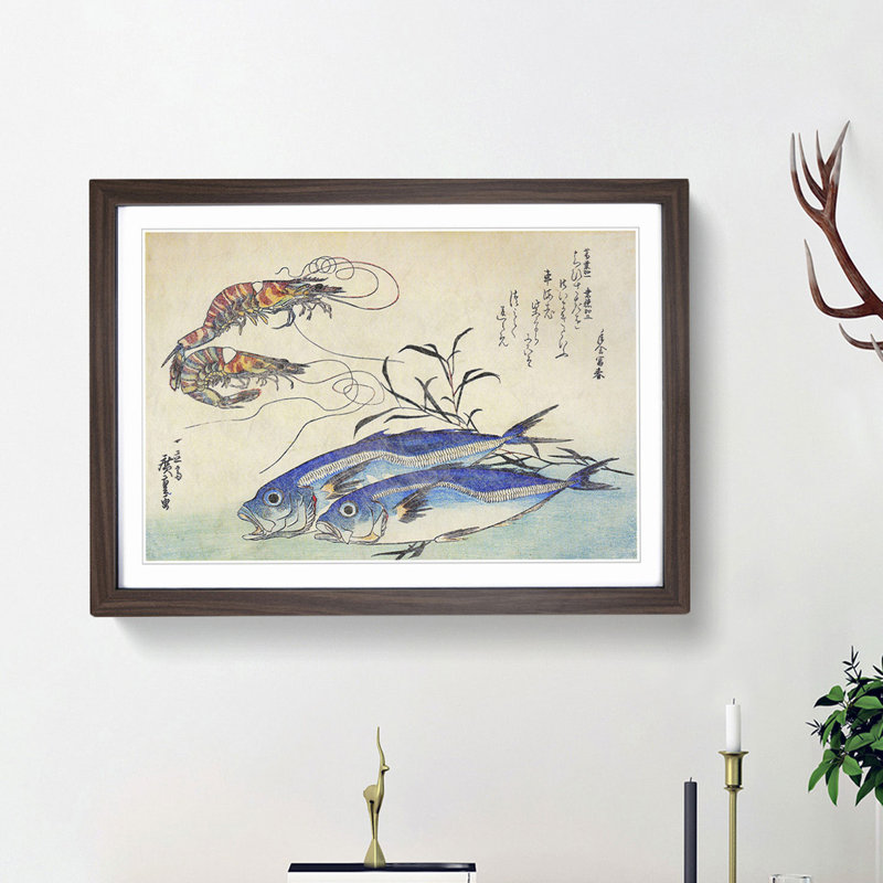 Mackerel and Prawns by Utagawa Hiroshige - Framed Print, 27cm H x 36cm W x 2cm D, Walnut Framed