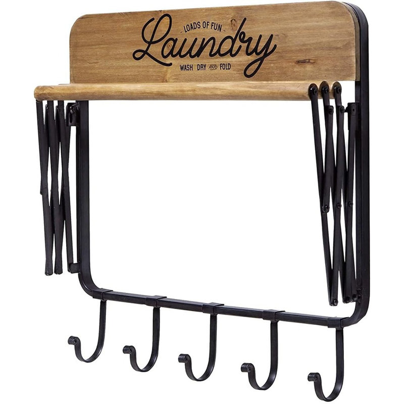 Portant à linge mural rétractable Accordion avec 3 barres et 5 crochets, séchage peu encombrant pour les serviettes et les vêtements