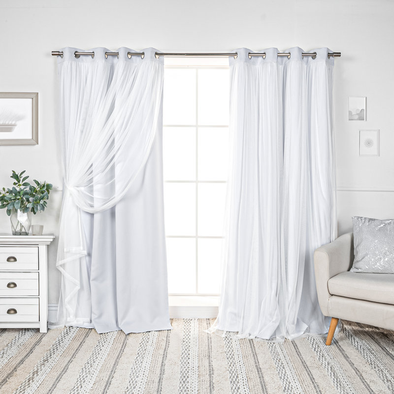Fortuna Brockham Solid Tulle Overlay Room Darkening Grommet Curtain Panels, Vapor, 52" W x 84" L