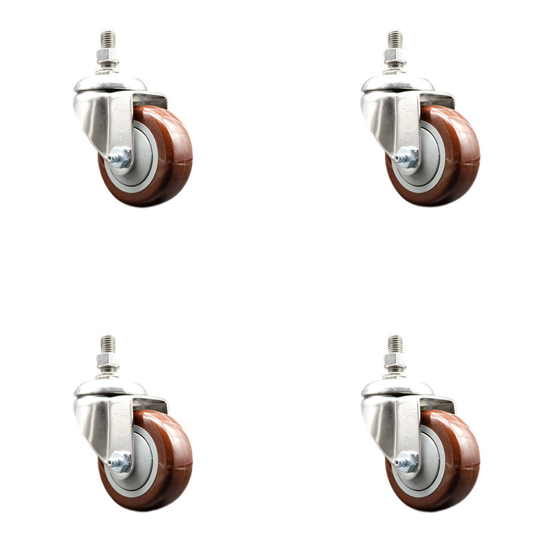 Ensemble de roulettes à tige filetée en polyuréthane 316SS, Marron