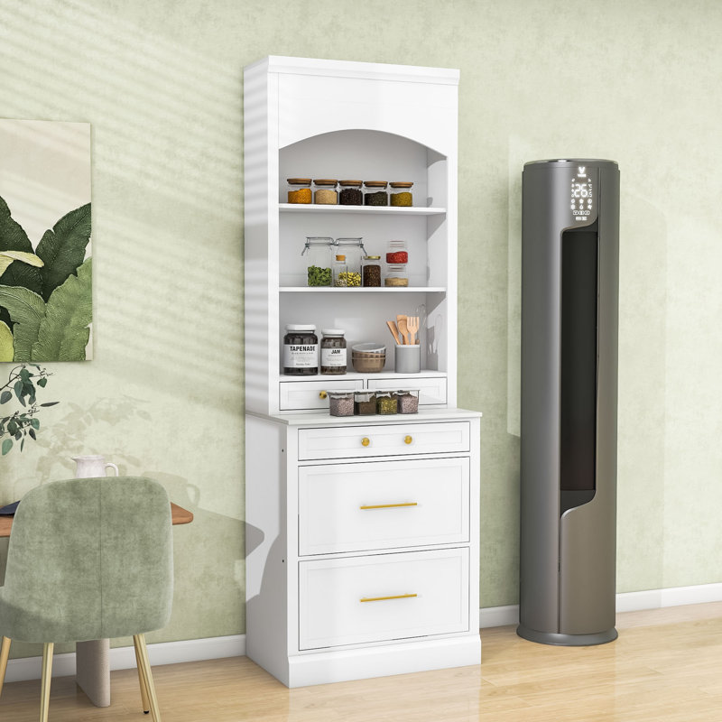 Freestanding Tall Kitchen Pantry with Storage Drawers and Adjustable Shelves, White, Gold