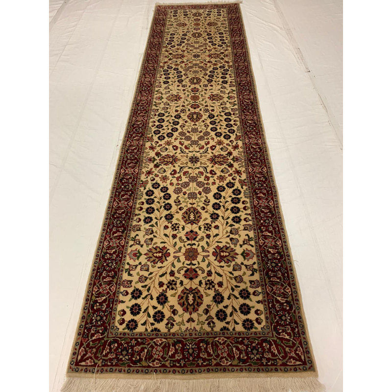 Tapis de couloir beige / rouge en laine et en coton noué à la main de conception unique 2 pi 7 po x 9 pi 9 po New Age