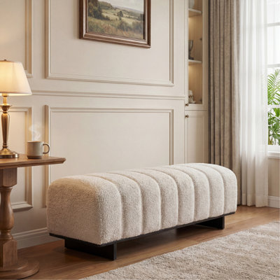 Banc de salle à manger d'intérieur, banc en tissu de fausse fourrure beige avec pieds en bois d'hévéa, 250 lb, siège confortable pour la salle à manger / salon