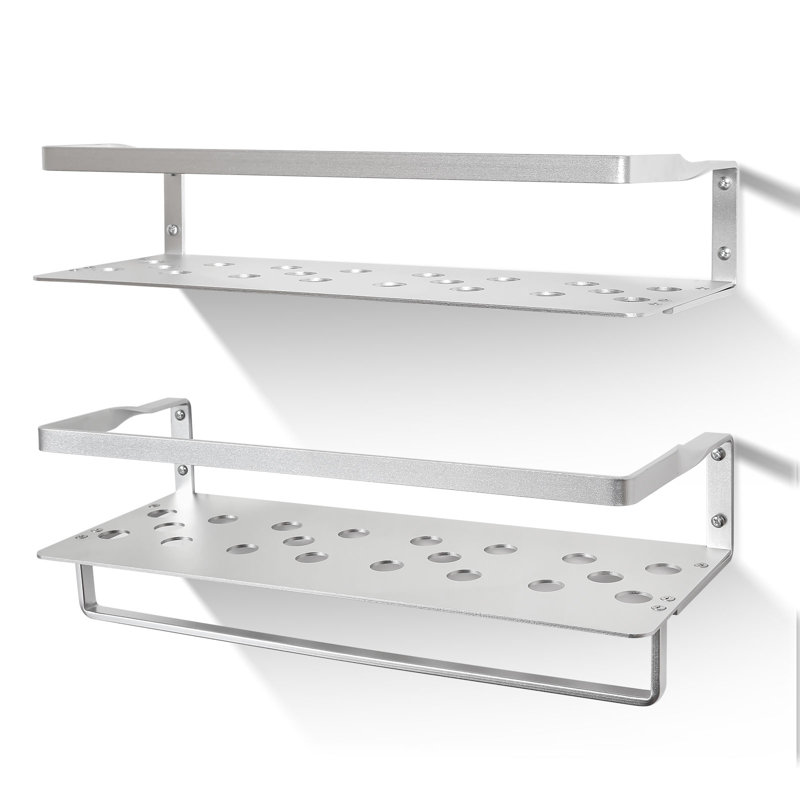 Silver Aluminum Floating Wall Shelves with Towel Bar, Set of 2