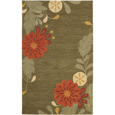 Tapis floral vert en laine touffeté à la main