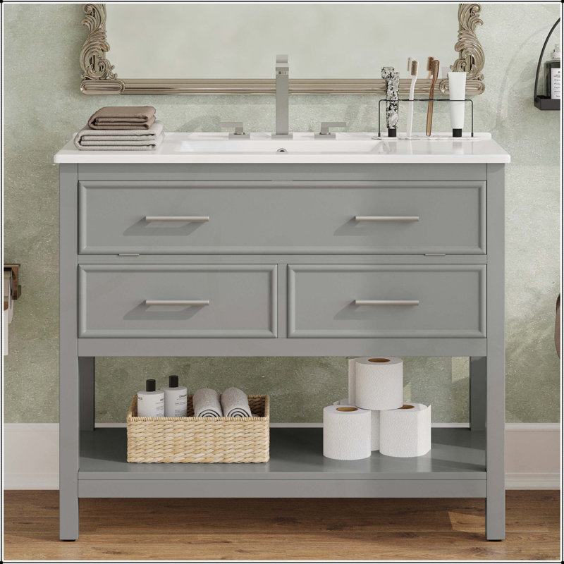 Meuble-lavabo de 36 pouces avec lavabo en céramique, plateau basculant, tiroirs pleine extension et tablette ouverte pour les salles de bain modernes