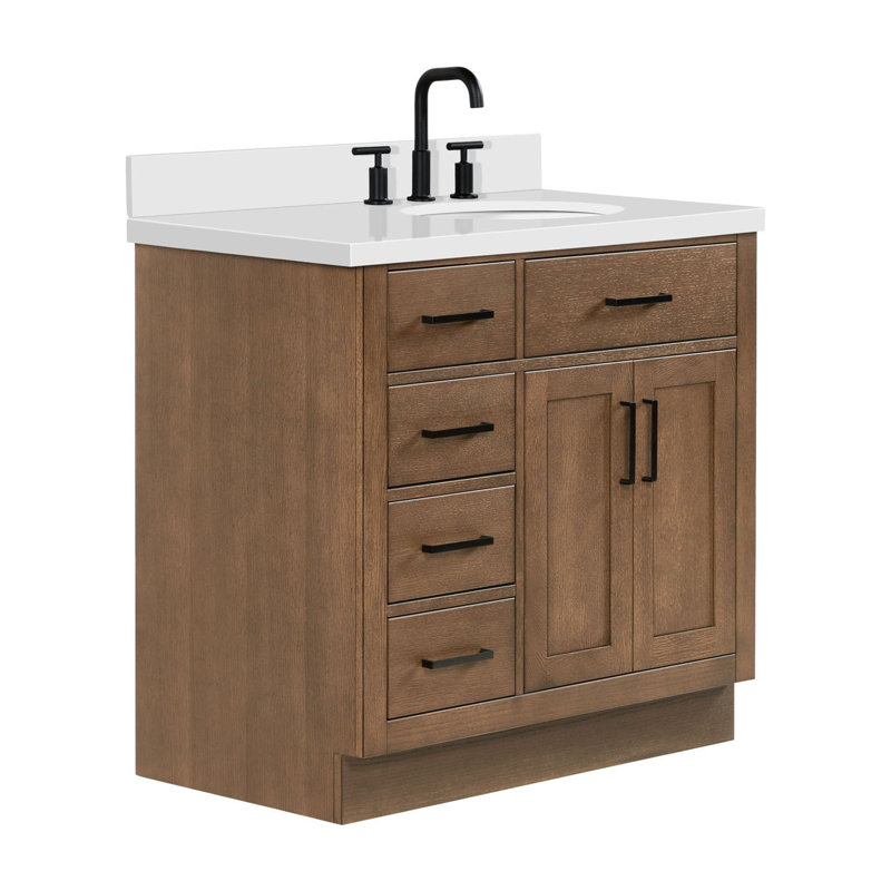 Meuble-lavabo simple en bois massif 36 po Tidworth avec plateau en quartz 1,5 po, Ovale, Oui, Chêne brun