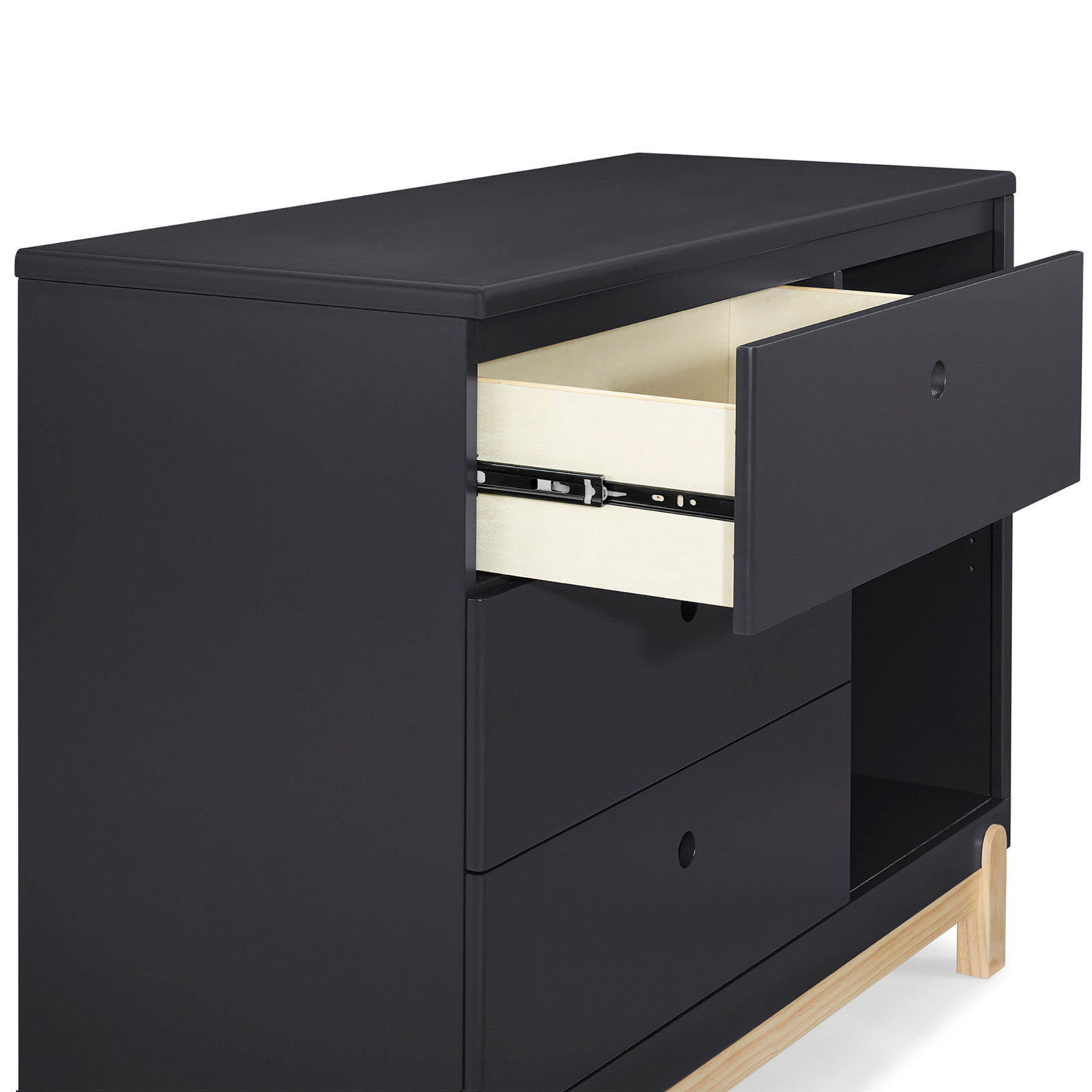 Poppy 3 Drawer Dresser with Cubbies and Interlocking Drawers, Midnight Gray/Natural