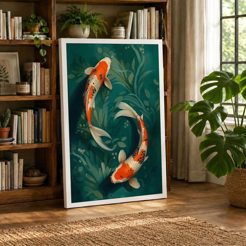 Koi in Teal Water Japandi 1 Piece Wrapped Canvas Wall Art, 24x16 - 61.0 x 40.6 cm, Ochre Border