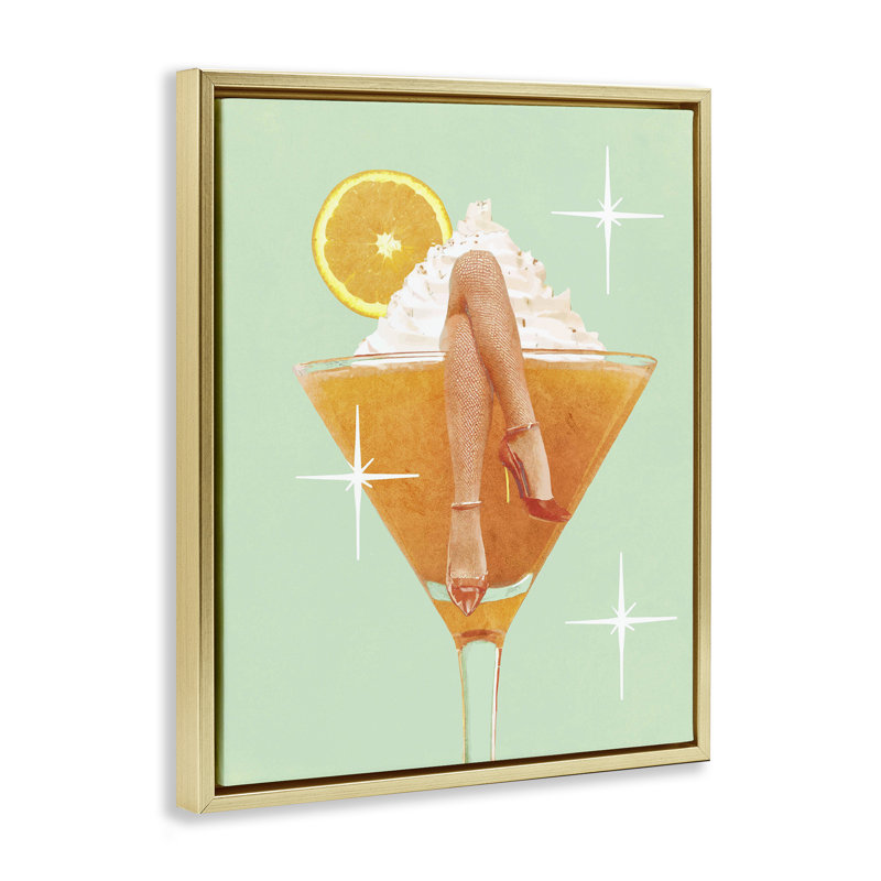 «Crossed Legs Cocktail», art par Lil 'Rue, H 31 po x l 25 po, Cadre flottant métallique doré