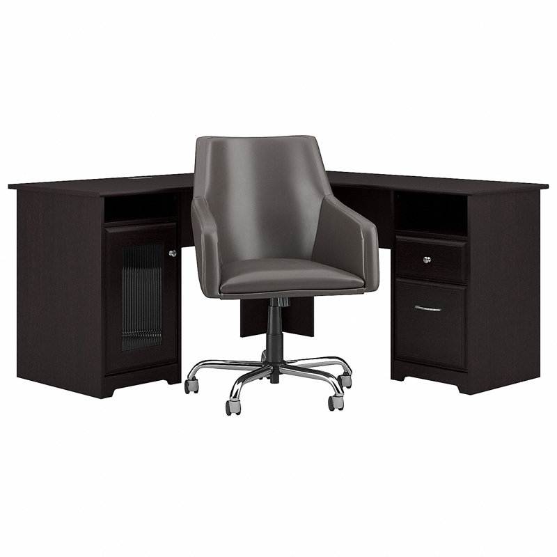 Ensemble de bureau et de chaise en L Shelonda, Chêne espresso
