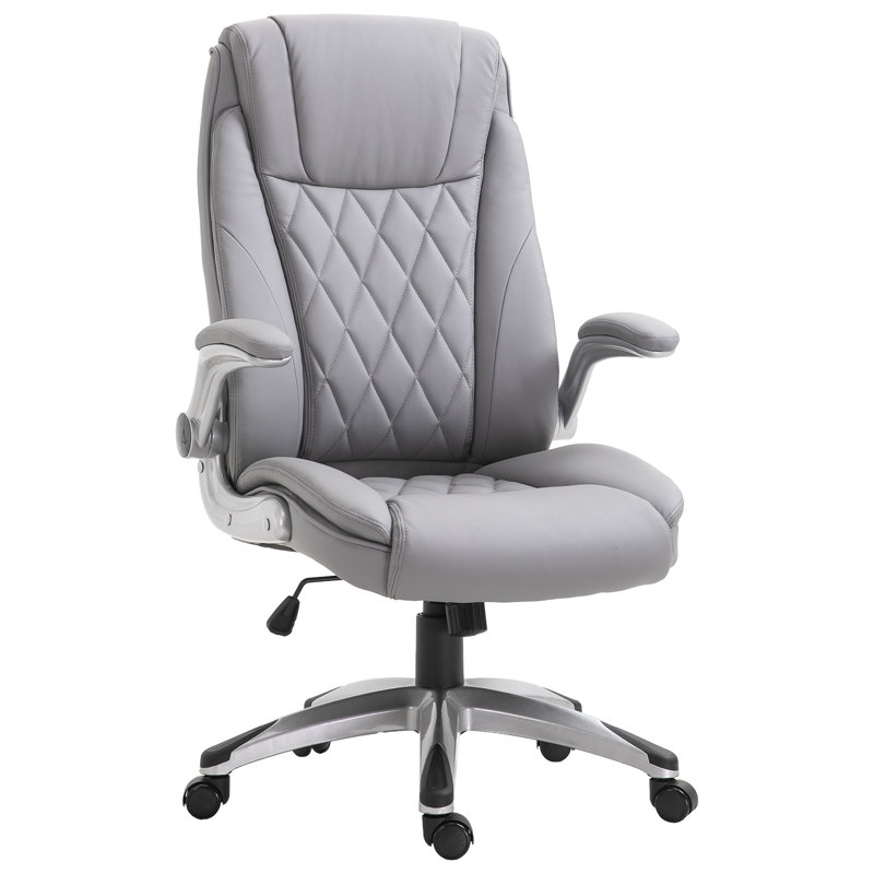 Chaise de bureau à haut dossier avec pivot à 360 degrés et accoudoirs souples, rembourrage épais en similicuir gris