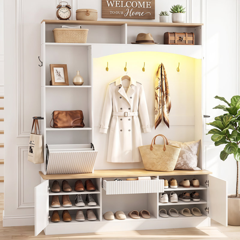 Portemanteau 6-en-1 de 57,8 po de largeur avec banc et rangement pour chaussures, portemanteau avec éclairage DEL, White