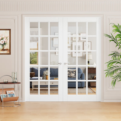 15-Lite Clear Glass French Doors Interior White Primed Solid Core Pantry Door With Jamb / Handles