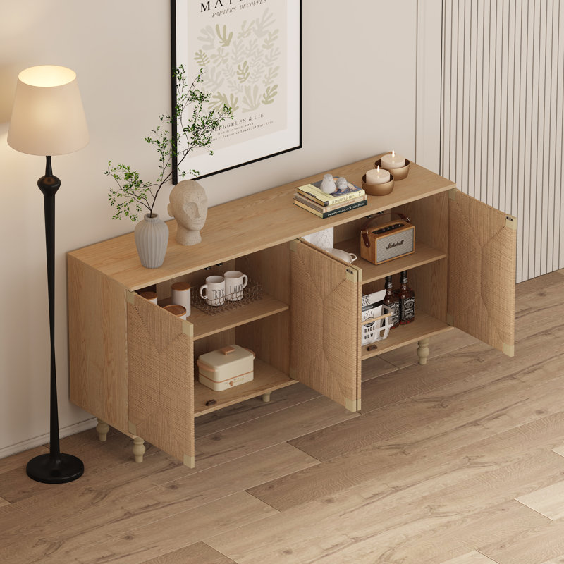 Buffet en bois massif et MDF, style rustique naturel, portes en rotin tressé et jonc de mer, 150 cm (L) x 75 cm (H), 1 pièce, meuble télé avec rangement, 4 compartiments.