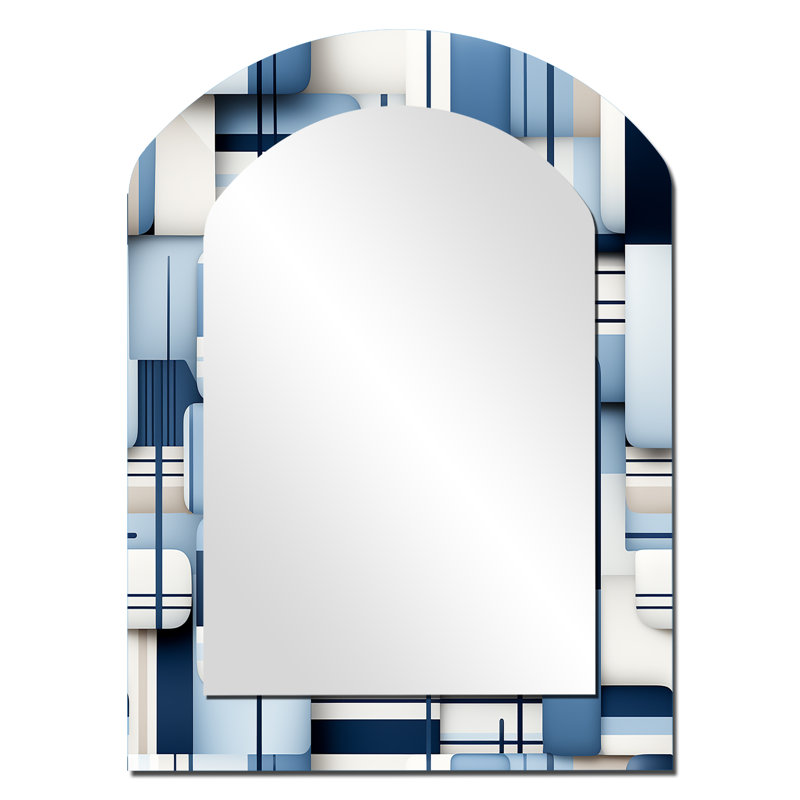 Harmonie de blocs géométriques blancs et bleus - grand miroir mural de forme unique géométrique, miroir décoratif bleu à forme libre, impression d'art en métal