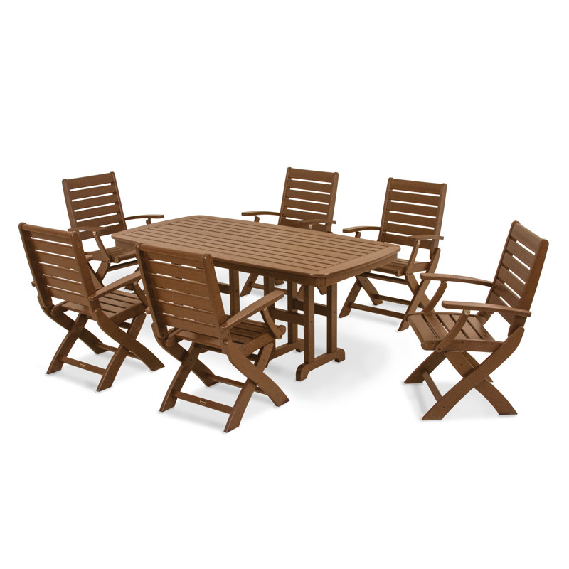 POLYWOOD Signature Folding Chair 7-Piece Dining Set, Teak