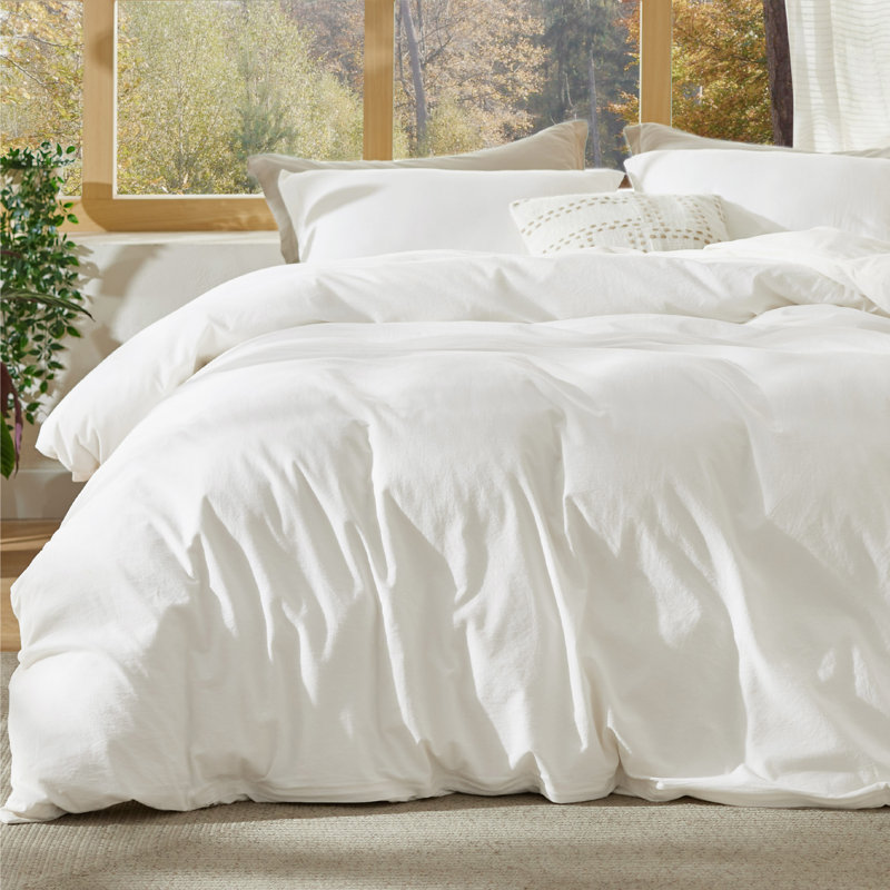 Bedsure 100% Washed Cotton Duvet Cover King Set - Minimalist Cotton Beding Set For All Season（set of 3）, Stone-washed White