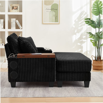 Corduroy Storage Armrest Sofa,Single Versatile Seat With Ottoman,Cup Holder,Bluetooth Speaker,USB Ports,180°Rotating Table Board,For Living Room,Bedroom And Apartment