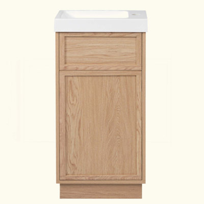 Meuble-lavabo de salle de bain avec lavabo réversible en résine, armoire en panneau de fibres à densité moyenne avec tablette réglable et porte à pousser, finition en mélamine grain de bois, porte réversible, style rustique pour petits espaces