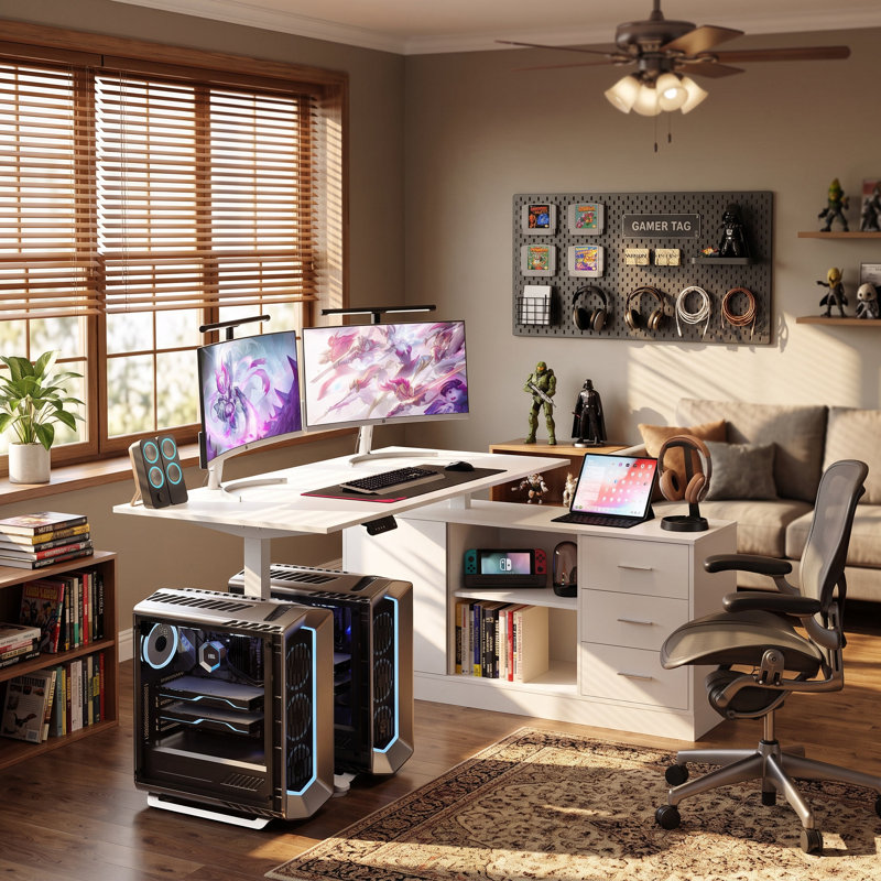 Bureau d'ordinateur et de jeu en forme de L de 63 pouces avec système de levage électrique, 3 tiroirs et 2 tablettes, Blanc