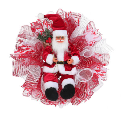 Christmas Santa Claus Wreath, 45cm Stuffed Xmas Christmas Mesh Front Door Wreaths Hanging Ornaments Holiday Indoor Outdoor Decor Party Supplies Fireplace Window Festival Decor