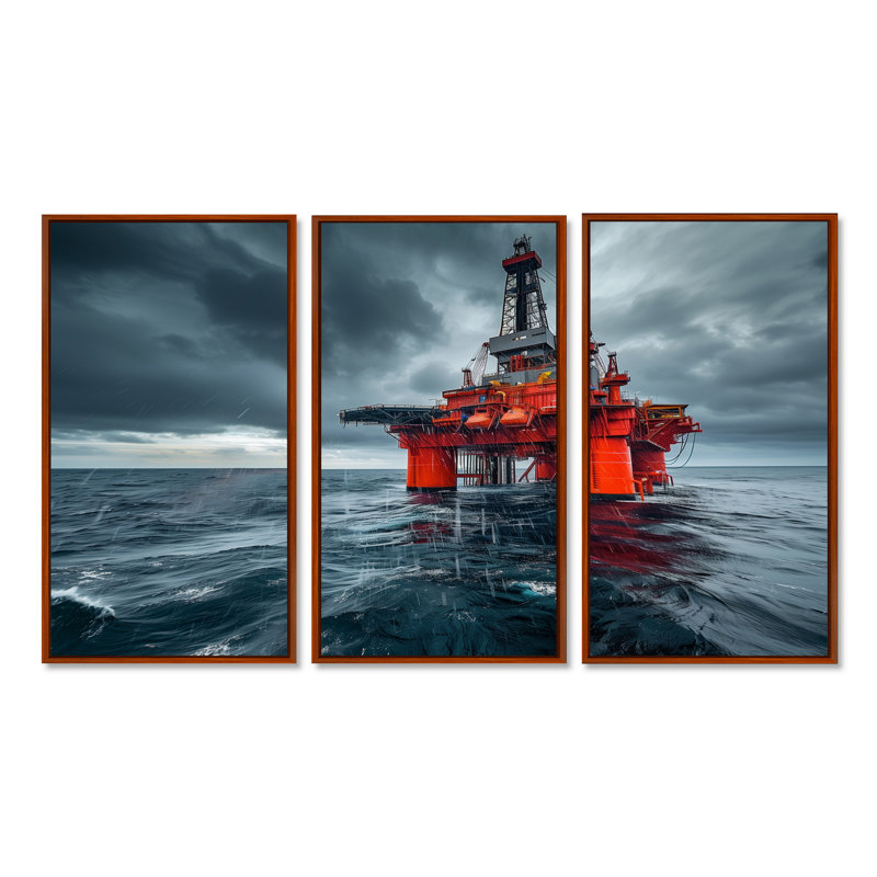 Ensemble de salon mural rouge / gris Winter Drilling Dynamics, H 28 po x l 36 po x P 1 po, Toile avec cadre flottant brun