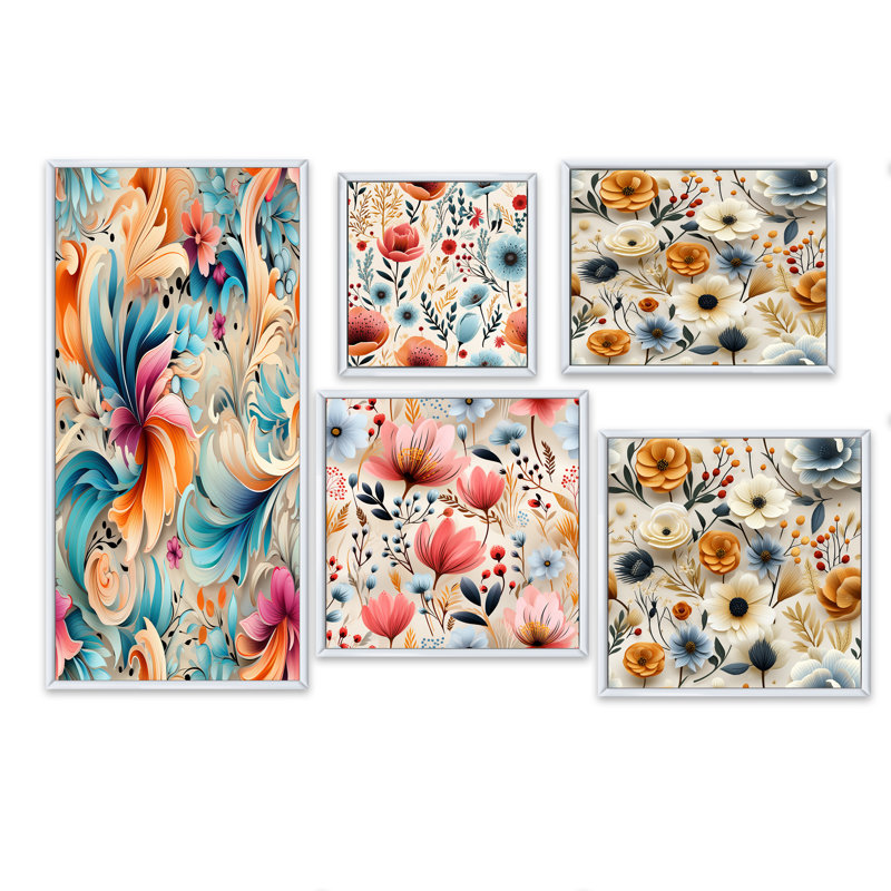 Ensemble de salon rose et bleu Boho Paisley Playfulness - Floral Wall Art, Cadre flottant blanc