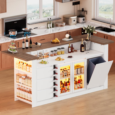 Large Kitchen Island With Hidden Trash Can Storage, Led Light, Storage Cabinets And Drawers – 86.6" Stationary Storage Island, Open-sided Shelves, Wine Rack, Spice Rack, Kitchen Cabinet With Seating Area