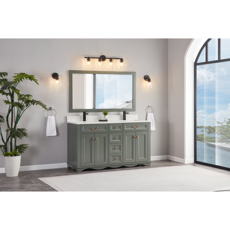 60" Solid Wood Sink Vanity  With 1' Artificial Stone Top, Pewter Green