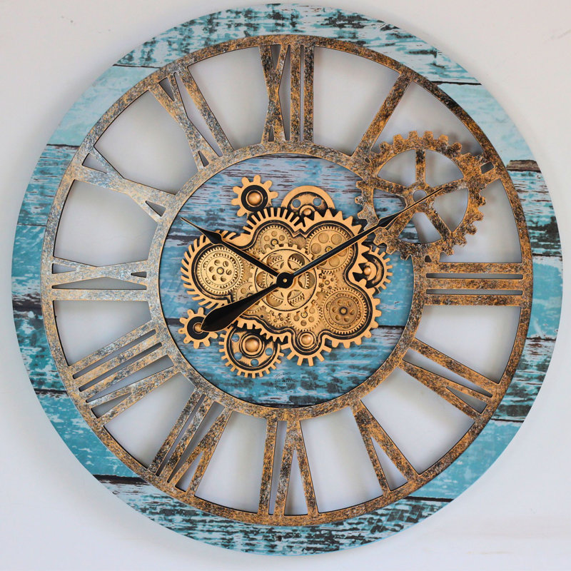Wall Clock 36" Round Oversized for Living Room decor with Real Moving Gears America Collection, Aqua Green