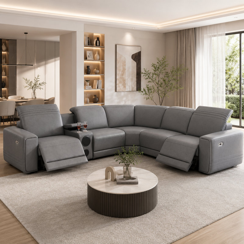 Canapé modulaire inclinable électrique en cuir 6 pièces de luxe avec appuis-tête réglables, console de rangement, haut-parleurs Bluetooth et éclairage DEL