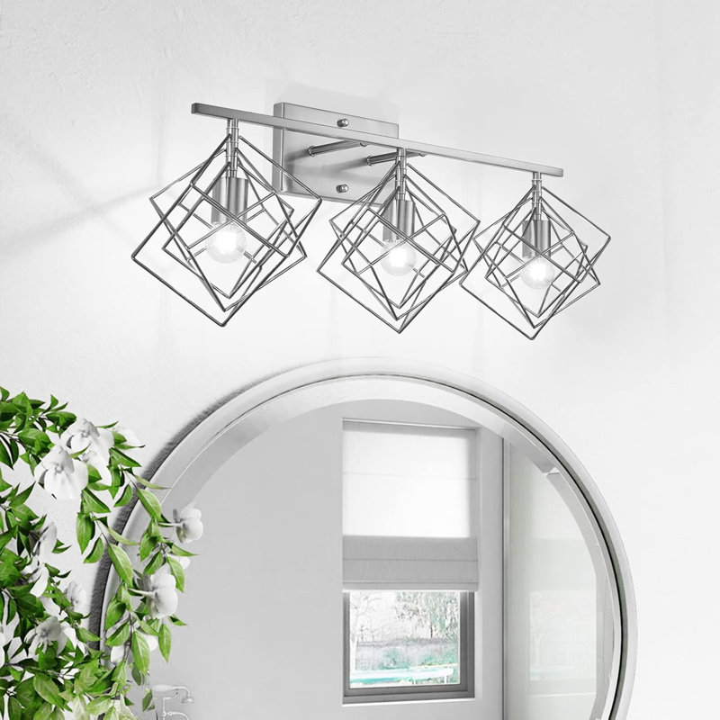 Brushed Nickel Modern 3-Light Bathroom Vanity Fixture with Rotatable Cube Shades