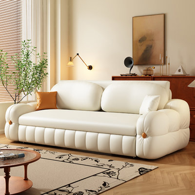 Cream Style Cat-Scratch Resistant Leather Sofa with Solid Wood & Carbon Steel Frame