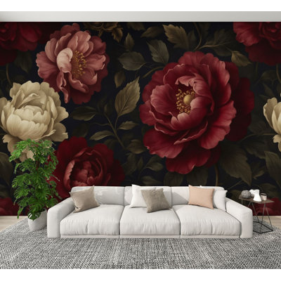 Peel and Stick Wallpaper Dark Romantic Floral Red Pink White Peonies Black Wall Murals 100"H x 144"W Removable PVC Wall Paper Self-Adhesive Wall Decor for Bedroom Living Room Home Office
