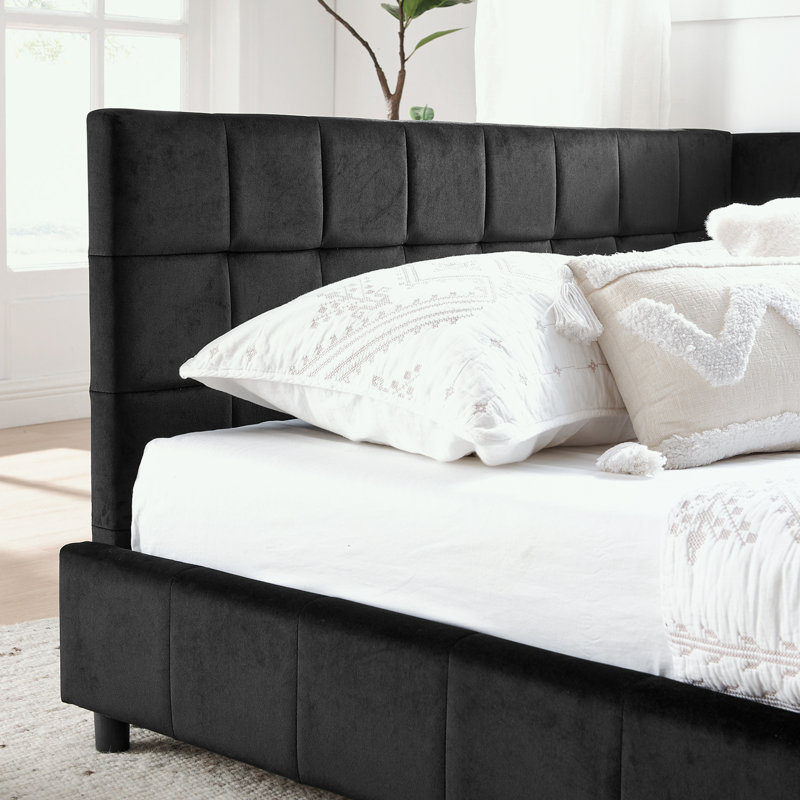 L-shape Corner Bed Frame Velvet Tufted Daybed, Black, Full/Double