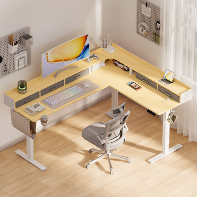 Height Adjustable L Shaped Standing Desk with 5 Drawers and Monitor Shelf, Electric Corner Comupter Desk, Sit Stand up Home Office Desk, Ergonomic Gaming Desk