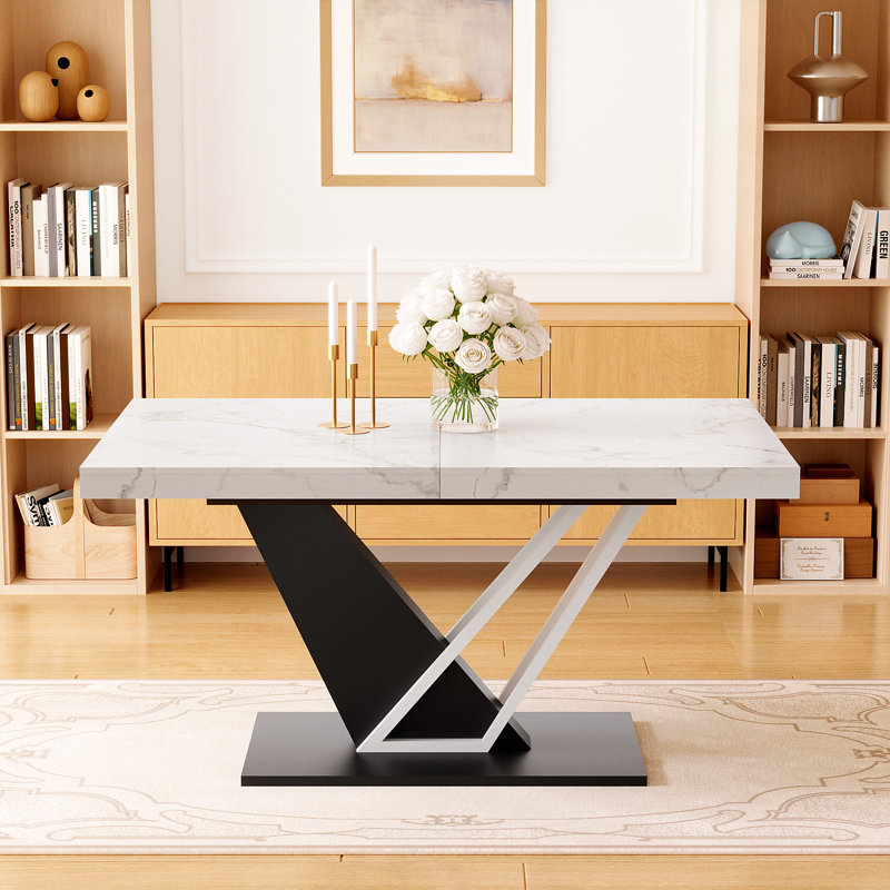 Table de salle à manger extensible en faux marbre avec base en métal pour 8 à 10 personnes