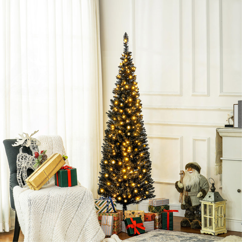 Sapin de Noël artificiel mince de 5 pi de hauteur avec 160 lumières DEL blanc chaud et 294 pointes, pour la décoration de Noël, noir