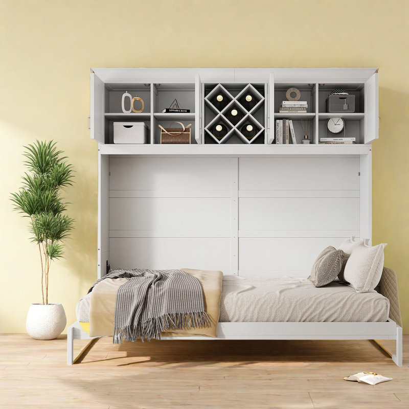 Grand lit escamotable peu encombrant, bois blanc avec rangement et design moderne