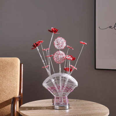 Aluminum 4 Red Roses 6 Petal Floral 2 Red/Silver Flower Bud On A Fan Aluminum Vase Table Lamp For Living Room, Nightstand Bedside Table Lamp For Bedroom, Led Lamp