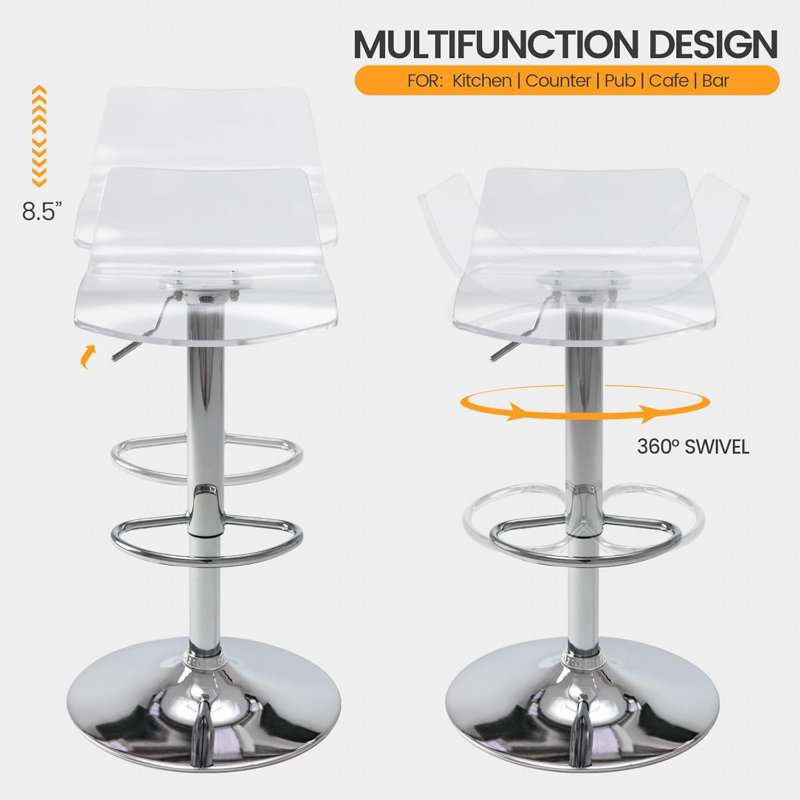 Ensemble de 2 tabourets de bar, tabourets de bar pivotants réglables transparents avec dossier bas