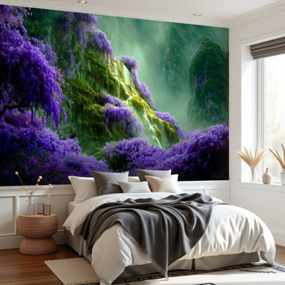 Papier peint adhésif peler et coller cascade forêt mauve fleurs sauvages fleurs de montagne, plantes murales, H 69 po x l 96 po, papier peint amovible en PVC, adhésif mural pour chambre à coucher, bureau à domicile