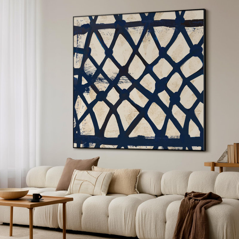 Framed Wall Art Blue Lattice Brushstroke Abstract Hand-Painted Diamond Grid Illustration for Home Living Room Bedroom Decor (Frame Assembly Required)