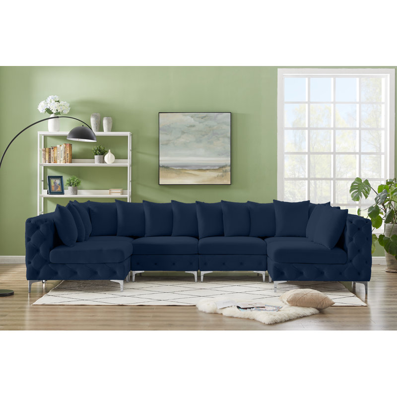 Tremblay 138" Wide Velvet Symmetrical Corner Sectional, Navy Velvet
