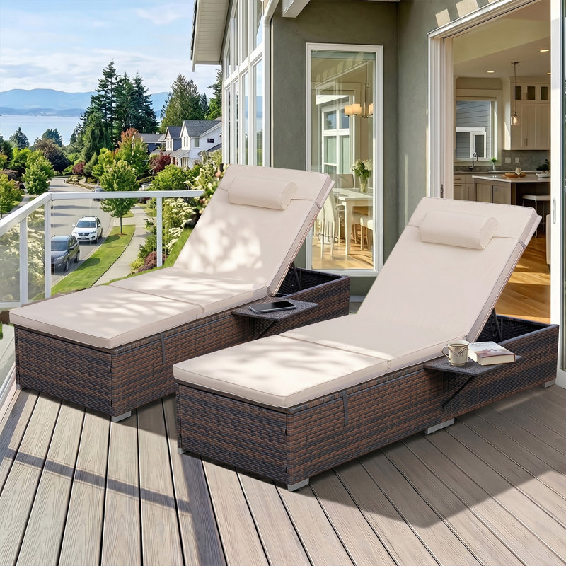  Outdoor Rattan Chaise Lounge Set of 2 with Reclining Backrest, Sidetable, Cushions & Head Pillows, Khaki, 2