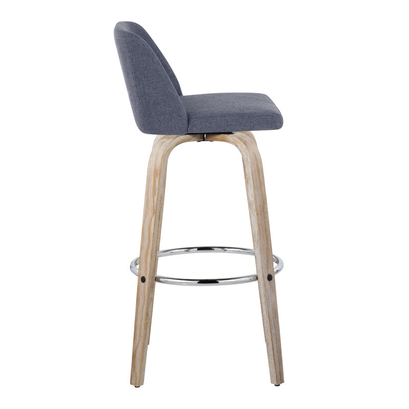 Toriano Swivel Upholstered Counter Stool, Blue Polyester Blend, White Washed/Chrome, Bar Stool (29.5" Seat Height)