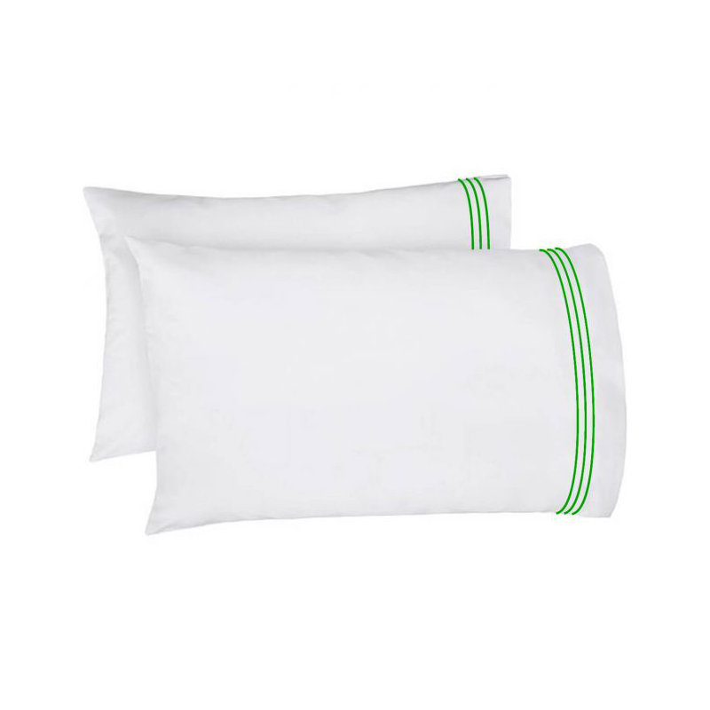 400TC Triple Embroidery Cotton Sateen Pillowcases (Set Of 2), White/Green